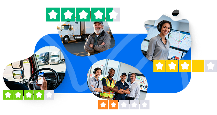 Collage of circular images featuring trucking and logistics professionals — including a truck driver in a cab, a dispatcher on a headset, a fleet manager inspecting trucks, a warehouse worker with a clipboard, and an office-based logistics coordinator — each accompanied by green, yellow, or orange star rating icons, styled similarly to a review platform layou